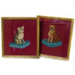 Pair of needle point pictures of a pug dog and a cat. No condition reports for this sale.