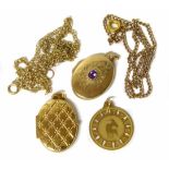 Two 9ct gold oval lockets with chains, together with a 9ct gold circular disk pendent No condition