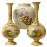 A pair of Graingers Worcester vases painted with swans and also a Royal Worcester pot pourri vase