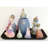 Royal Doulton Happy Birthday, three Coalport ladies, four Nao Figures, and a Wedgwood Jasperware