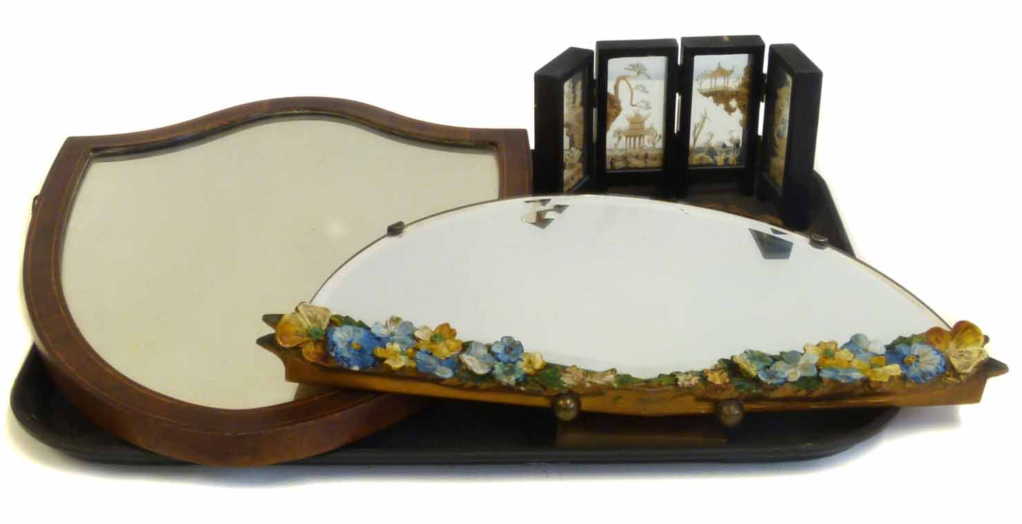 Mahogany shield shape mirror, carved black forest frame, encrusted mirror, cork folding landscape.