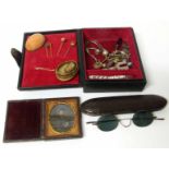 Jewellery box containing stock pins, book markers, watch chain, daguerreotype. No condition