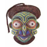 African Cameroon beadwork mask, carved wood, applied beadwork with elaborate woven coiffure, 39cm