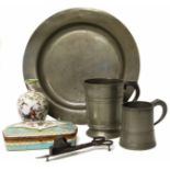 Pewter chargers, two tankards, a pair of candle-wick scissors, Seyers style porcelain box and a