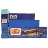 Hornby Dublo boxed T.P.O. Mail Van Set, two coaches numbers D11 and DR363, and four items of rolling