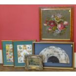 Framed Japanese fan, needlepoint floral rose picture, two decoupage framed pictures and a small