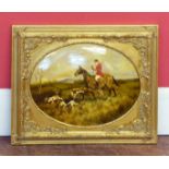 An oval gilt framed reproduction oil painting of huntsman and hounds No condition reports for this