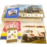 Collection of Foden lorry memorabilia including photographs, badges, magazines, also an E.R.F. T-