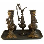 A pair of reproduction bronze vases, similar jug & pair of candlesticks No condition reports for