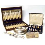 Collection of plated tableware including a boxed knife and fork set, boxed set of silver