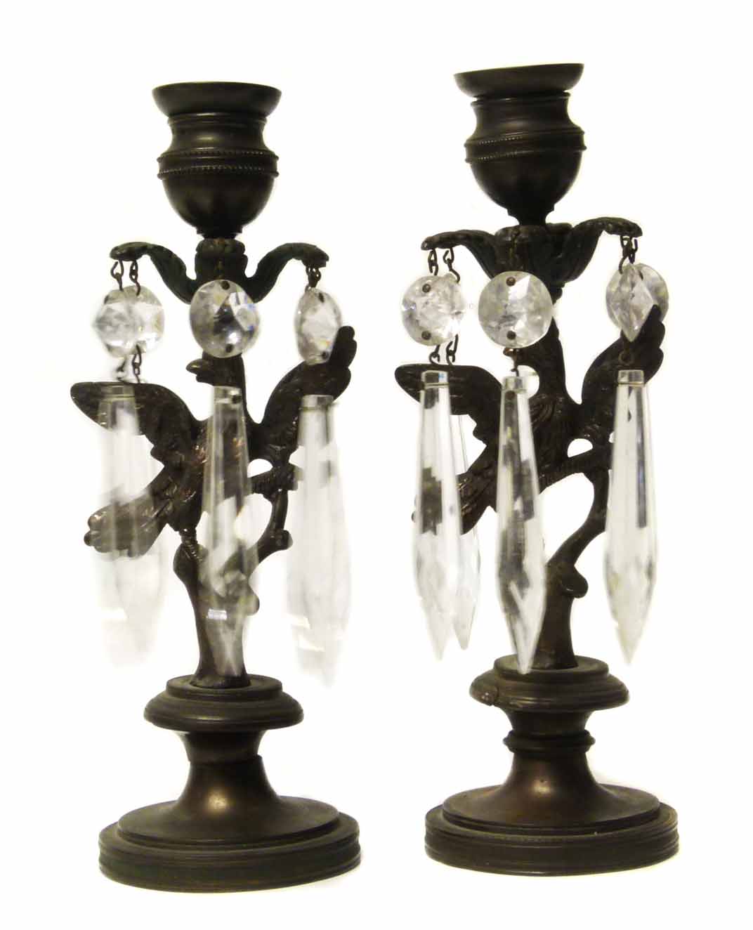 Pair of bronze candlestick lustres. No condition reports for this sale.