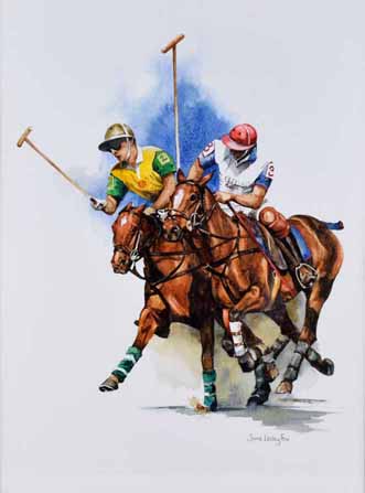 June Lesley Fox, 20th century, Polo players, signed, watercolour, 39.5 x 29.5cm.; 15.5 x 11.5in.
