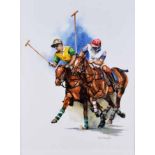June Lesley Fox, 20th century, Polo players, signed, watercolour, 39.5 x 29.5cm.; 15.5 x 11.5in.