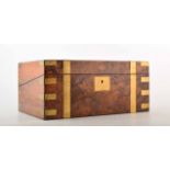 Victorian figured walnut writing slope with plain brass strapwork. Interior with leather writing