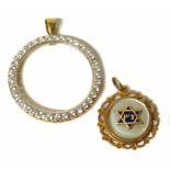 Two gold pendants comprising a 14ct gold blue chrome and mother-of-pearl Star of David, 17mm