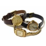 Three ladies 9ct gold wristwatches, including a modern sovereign watch and two vintage watches No