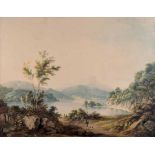 English School, early 19th century, Lake scene with figures, unsigned, watercolour, 34.5 x 44.
