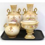 A pair of Crown Devon Fielding "Windsor" vases, "Spring" twin handled vase and "Wye" fruit stand