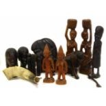 Pair of Yoruba Ibeji twins together with a collection of African figures and a powder horn. No