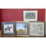 Assortment of various signed prints, reproduction maps and prints etc No condition reports for