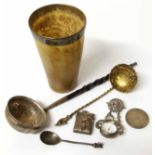 Silver and horn beaker, silver gilt strainer spoon, vesta case, punch ladle and nurses watch. No