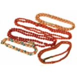 A mixed lot of 5 coral necklaces, including one with 9ct gold fish hook clasp and seperators,