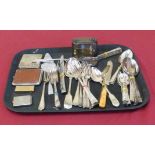 A collection of silver plated flatware, three white metal vesta cases and a home safe box No