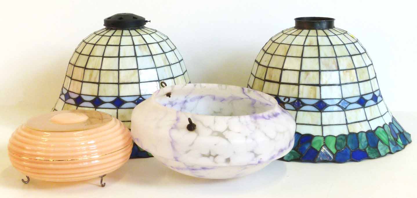 Two matching ceiling lamps with coloured glass decoration and two other glass lampshades. No