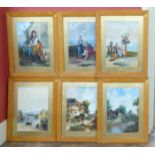 Six 19th century watercolours in maple frames. No condition reports for this sale.