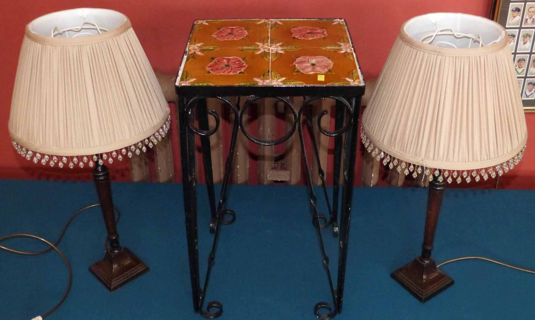 Pair Georgian style candlesticks shaped metal ware table lamps complete with shades and a wrought