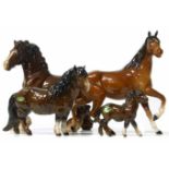 Beswick Shire horse, Shetland pony and foal. No condition reports for this lot.