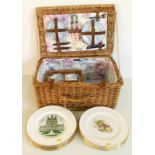 Wicker picnic set with "Venice" pattern cups & saucers by "Life's A Picnic", 6 Spode plates with