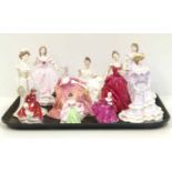 Two Royal Worcester ladies three Coalport ladies, two large Royal Doulton ladies and three small