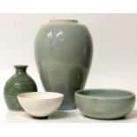 Peter Sparrey celadon vase, a Peter Sparrey Raku white studio pottery crackle glaze bowl, a