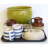 Green Burman Faience (1857) Jardinière, D&S Staffordshire willow patter platter, Sadler jug, two