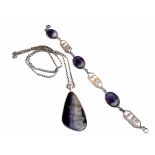 2 items of blue john set silver jewellery, comprising a circa 1930's 3-stone silver bracelet, with 3