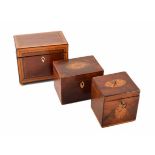 Three 19th century mahogany caddies. One double section tea caddy with dogstooth crossbanding and