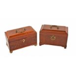 Two George III mahogany veneered stationary boxes. With brass handles on lid. One has an ivory