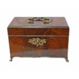 George III mahogany tea caddy, with ebony edging to cover, the fitted interior containing three