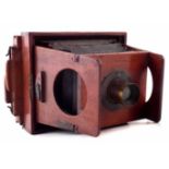 Mahogany folding Shew type quarter plate pocket camera, fitted 'Orthopanactinic Newton & Co.