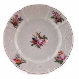 Chelsea red anchor period plate circa 1753, moulded patterns painted with Meissen style flowers,