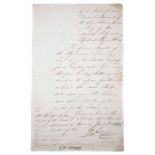 Admiral Sir Robert Calder (1745 -1818) signed letter dated January 2nd 1813, to Mr Philip Miller