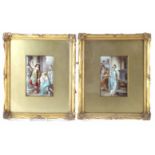 Pair of Dresden plaques, decorated with ladies in Grecian scenes, with gilt glazed frames and slip