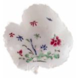 Bow leaf shape pickle dish circa 1755, painted with flora in a famille rose palette, 9.5cm wide.