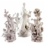 Three Derby biscuit porcelain figure groups, the first modelled to represent Music modelled with a