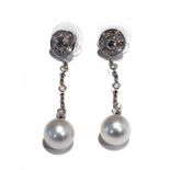 18ct white gold cultured pearl and diamond set drop earrings, round diamond studs comprising central