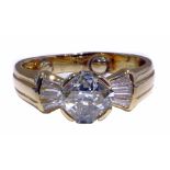 18ct yellow gold diamond ring, the fancy cut central diamond weighing approx. 1.79ct, tapered