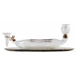 Thomas Webb glass boat shaped flower vase, together with mirrored display stand, with fine