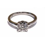 18ct white gold diamond set cluster ring, central princess cut diamond surrounded by 8 smaller