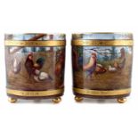 A pair of Paris porcelain vases, finely painted with cockerels and hens in farmyard scenes, mid to